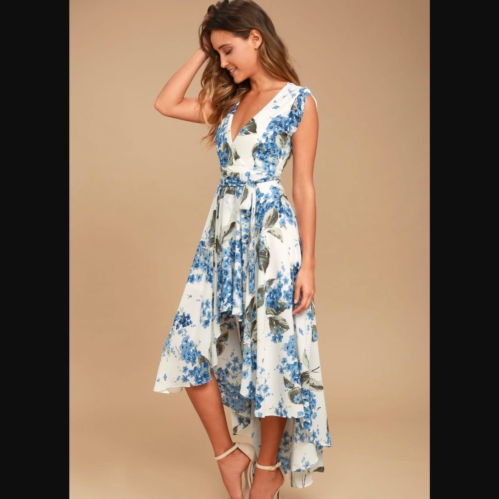 Lulu's French Countryside White Floral Print High-Low Dress sz Small